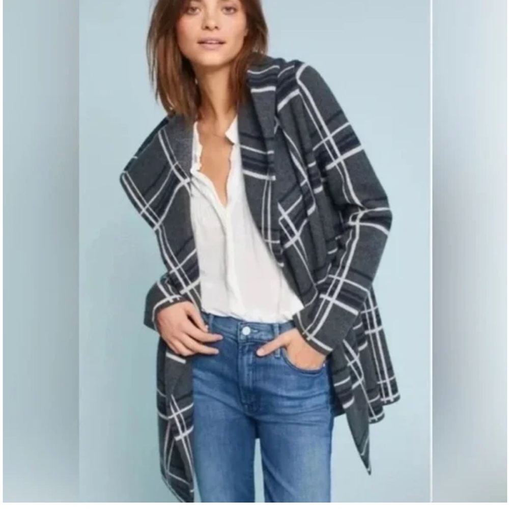 Anthropologie Gray Plaid Wool Open Front Jacket